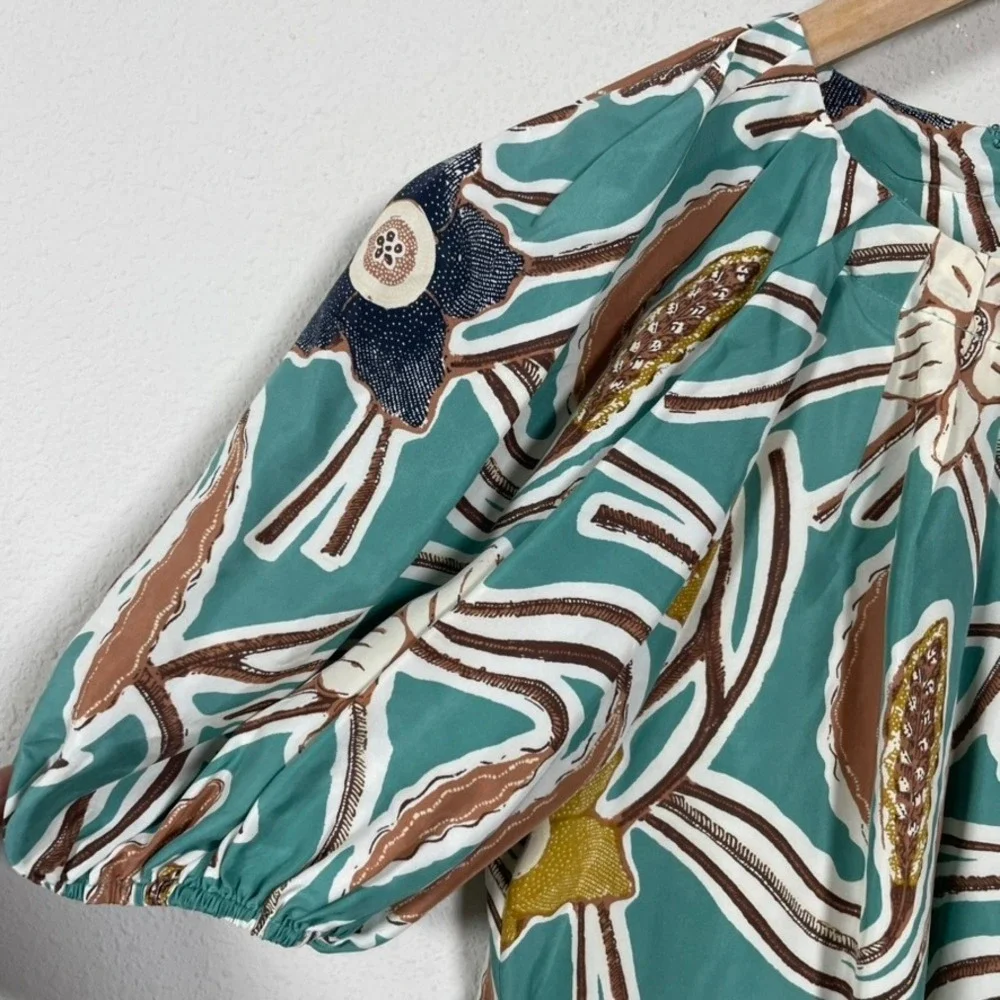 Ulla Johnson Silk Puff Sleeve Blouse 2 Teal Floral Romantic Luxury Boho Top